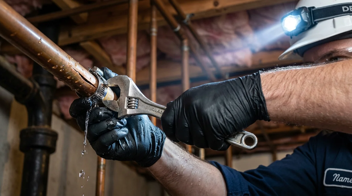 Emergency pipe clamp repair being performed by a Johns Plumbing LLC plumber in American Canyon
