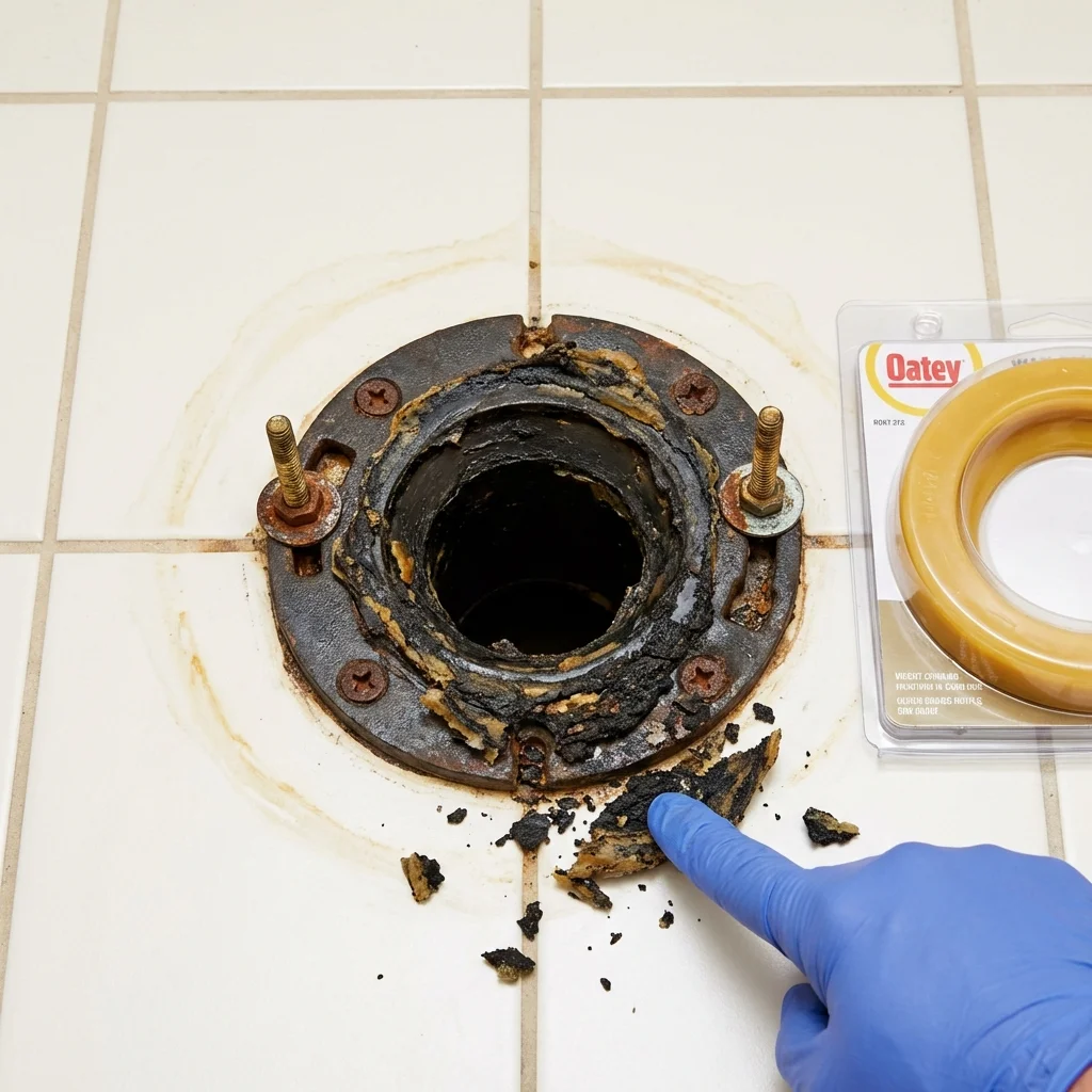 Failed wax ring showing water seepage at the base of a toilet in a American Canyon, CA home
