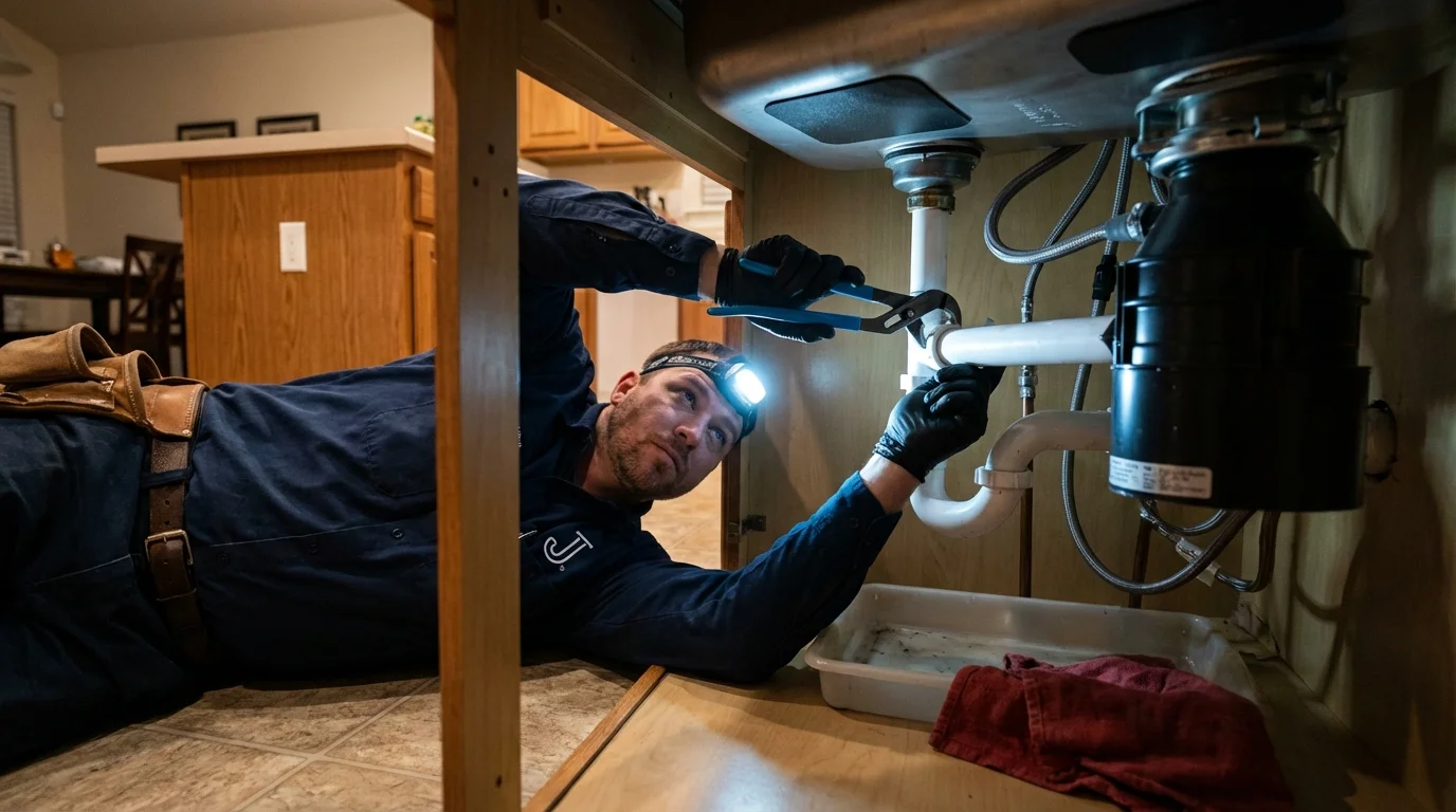 P-trap and supply line connections under a kitchen sink showing a common leak point in American Canyon, CA